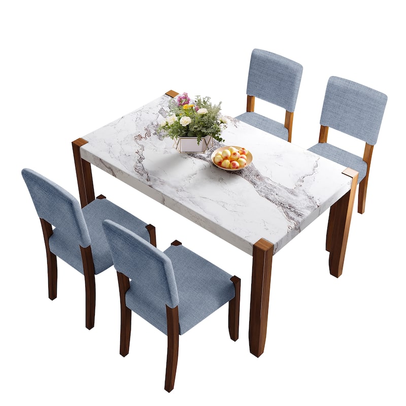 5 Piece Dining Table Set for 4, 46" Faux Marble Table with 4 Upholstered Chairs
