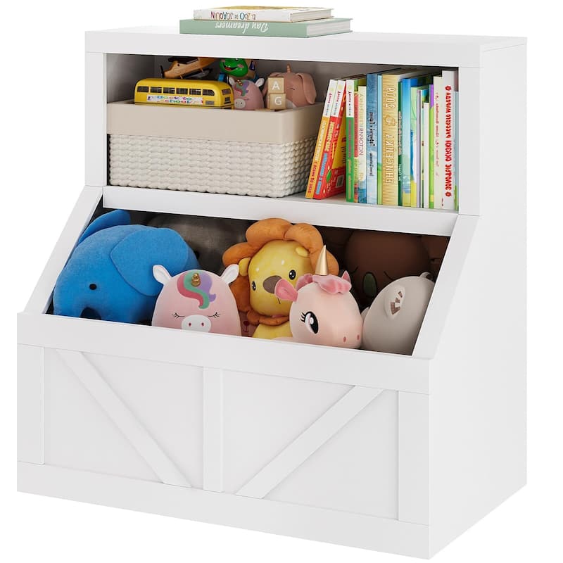 Kids Bookshelf, Wooden Toy Storage Organizer with Cubby - White