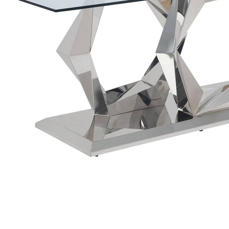 Glass Top Dining Table with Steel Double Hexagonal Base, Chrome
