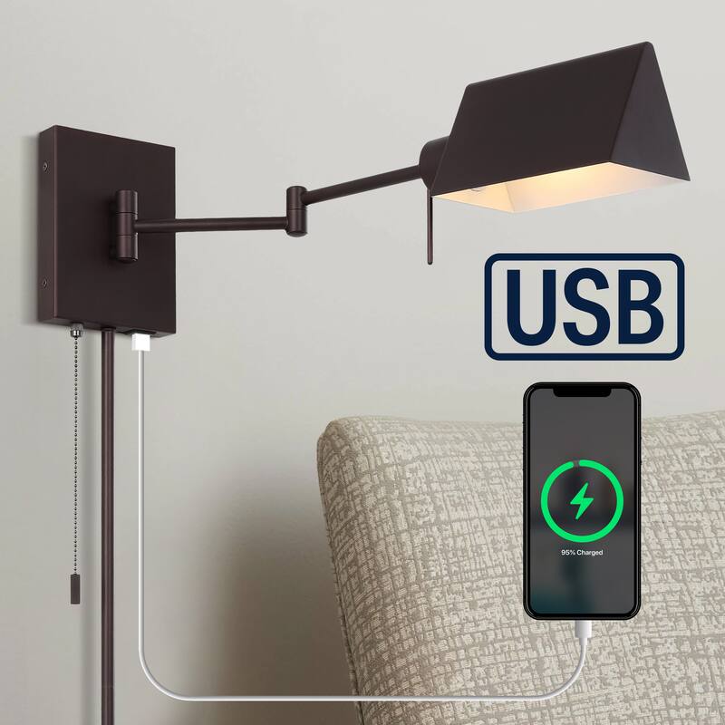 Curtis Farmhouse Swing Arm Plug-In or Hardwired Iron LED Wall Sconce with Pull-Chain with USB Charging Port, by JONATHAN Y
