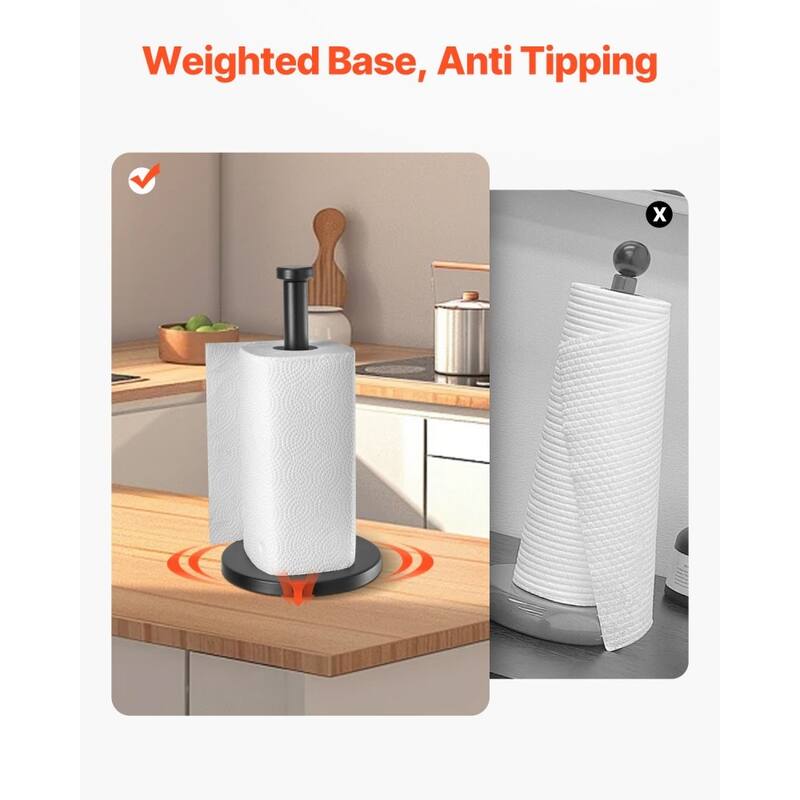 Black Stainless Steel Paper Towel Holder for Countertop with Suction Cups and Weighted Base - 6.7” x 6.7” x 12.6”