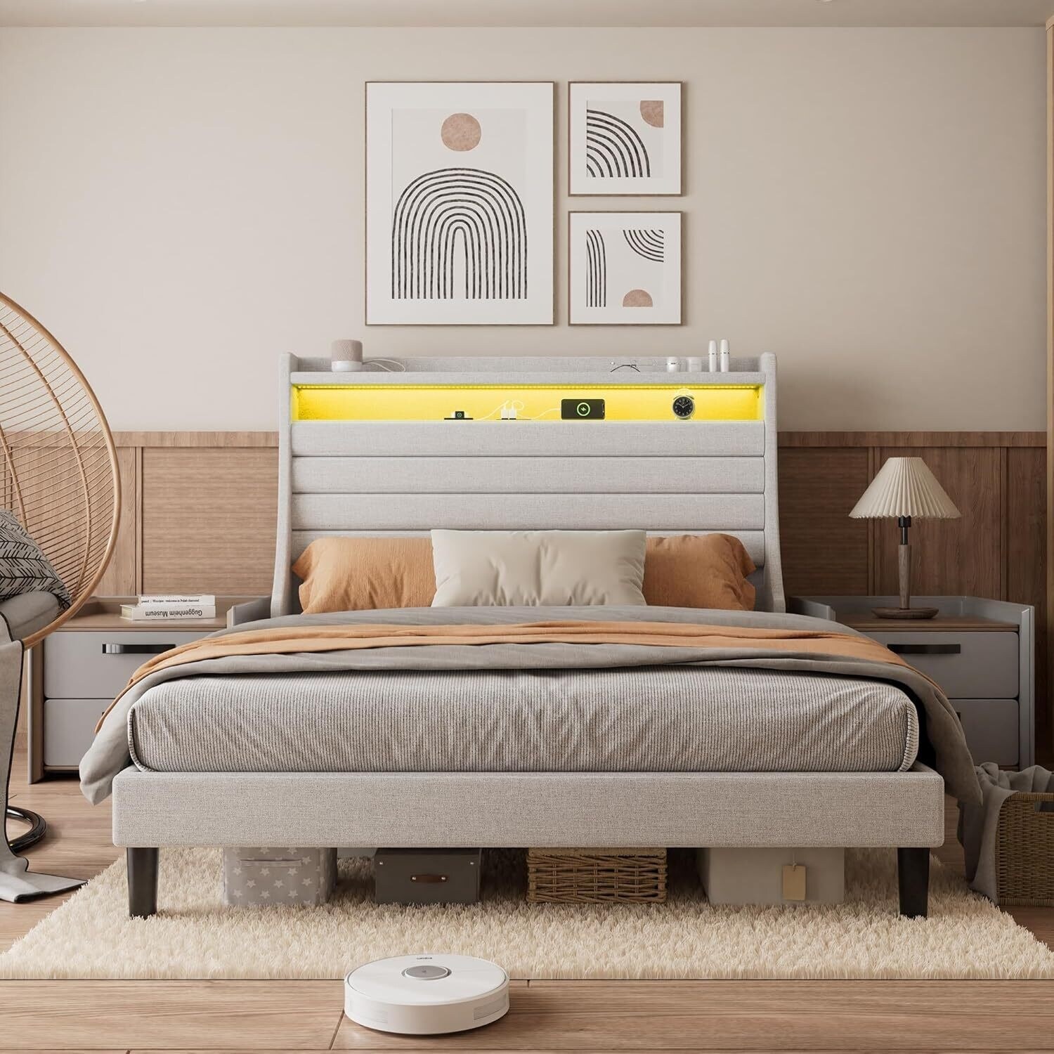 Upholstered Bed Frame with LED Storage Headboard, Off-White