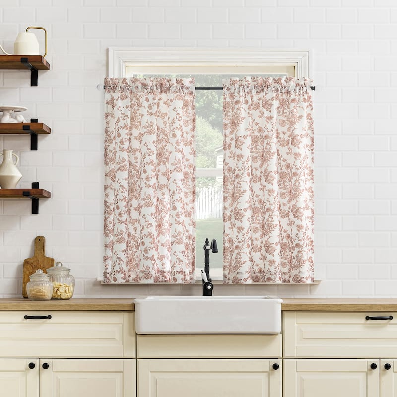 No. 918 Elara 2-pack Tonal Botanical Semi-Sheer Rod Pocket 2-Piece Kitchen Curtain Tier Pair