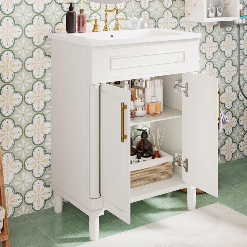 Elegant Bathroom Vanity Freestanding Storage Cabinet with Sink, 2 Doors, Gold Handles and Adjustable Interior Shelf