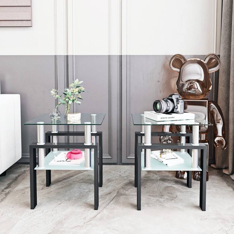 Set of 2, Modern Tempered Glass Tea Table Coffee Table End Table, Square Table for Living Room