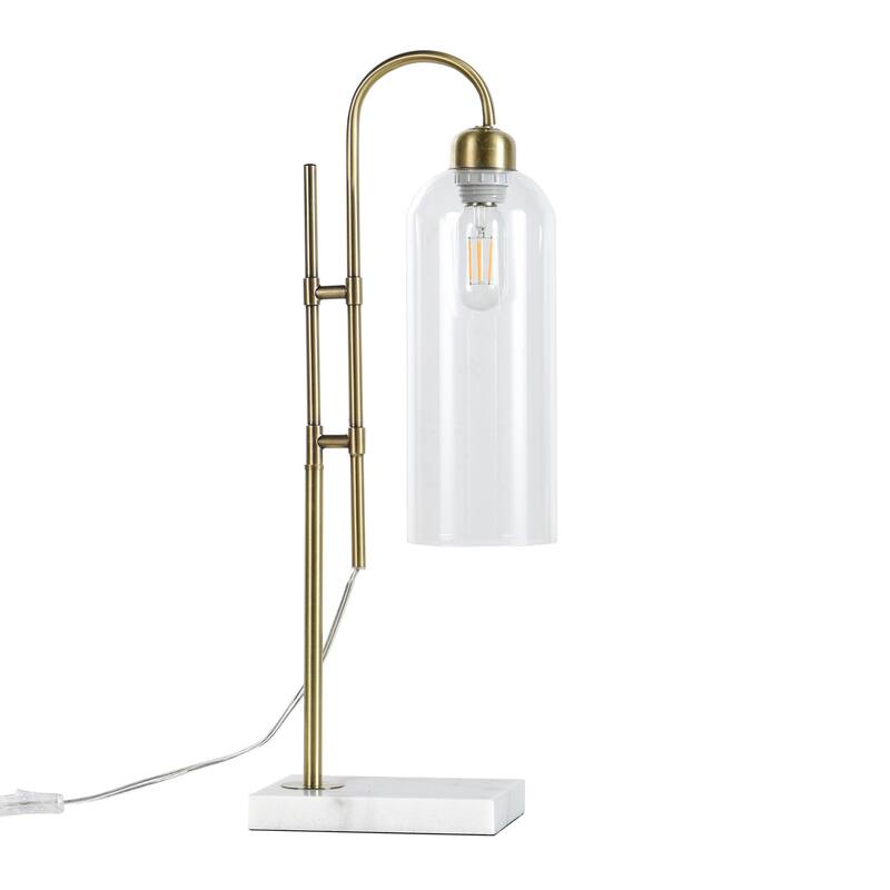 Oro Gold Table Lamp - Brushed Gold Curved Design and Marbled Base - Clear Shade - Clear Glass, Brushed Gold, White Marbled