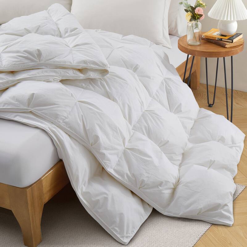 All Season White Goose Feather Down Gusseted Pintuck Pleat Comforter 100% Cotton Cover