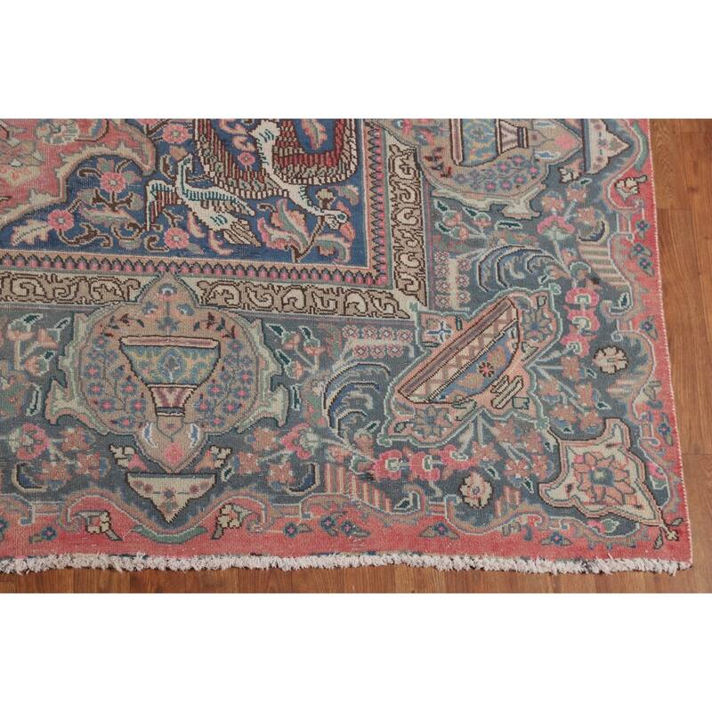 Animals Pink Kashmar Persian Vintage Area Rug Hand-Knotted Wool Carpet - 9'5"x 12'9"