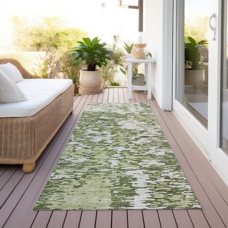 Machine Washable Indoor/ Outdoor Abstract Pixels Chantille Rug - Olive - 2'3" x 7'6"