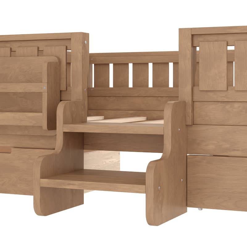 Multiple Colors Toddler Montessori Bed Children's Platform Bed with Low Profile Stairs, Built-in Bookshelf and Storage Drawers