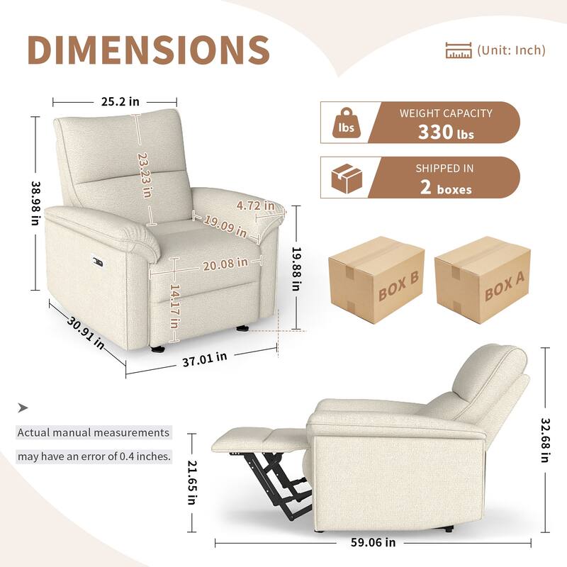 Wall Hugger Recliner,Zero Wall Power Recliner Chair,Electric Recliner for Living Room,Fabric Reclining Armchair,USB Port(Type-C)