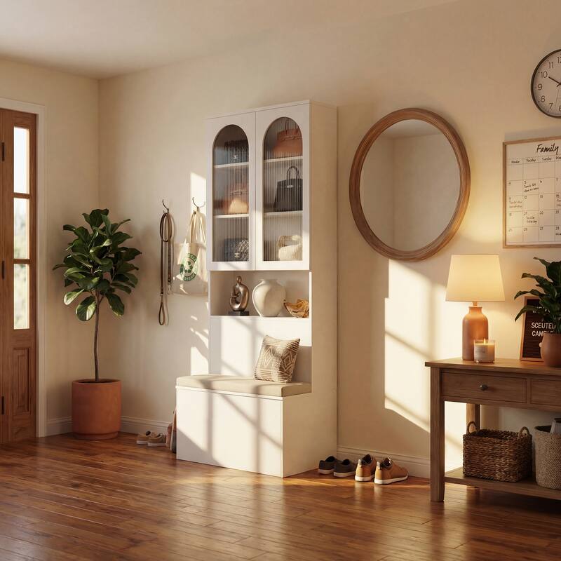 Entryway Cabinet Tempered Glass DoorsStorage Bench with Cushion, Modern Mudroom Hall Tree Organizer with Hidden Storage