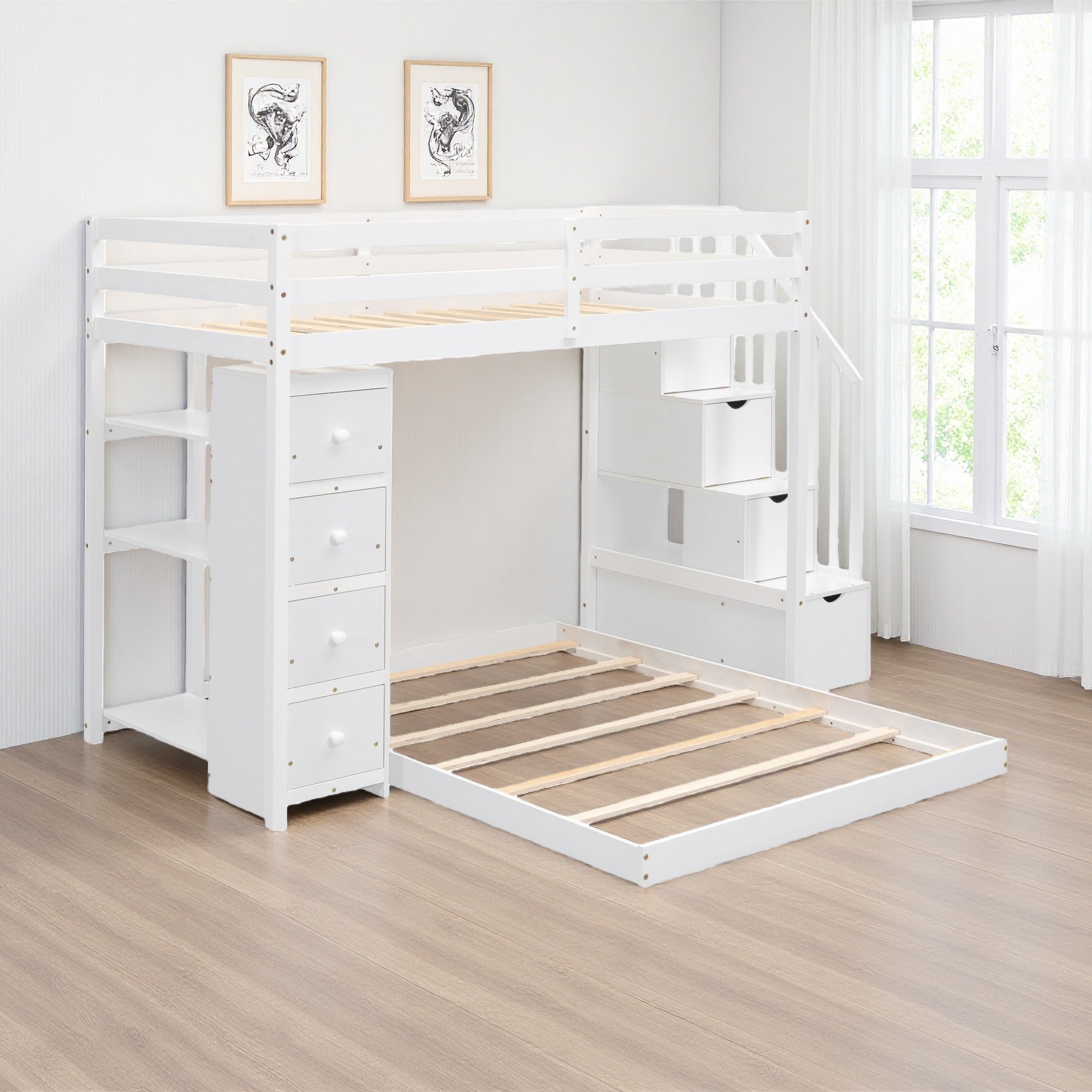 Twin Over Full Wood Bunk Bed with 3-Layer Shelves, Drawers and Storage Stairs