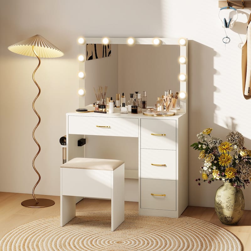 Gymax Vanity Desk with Mirror & Lights Dressing Table w/ Storage Stool