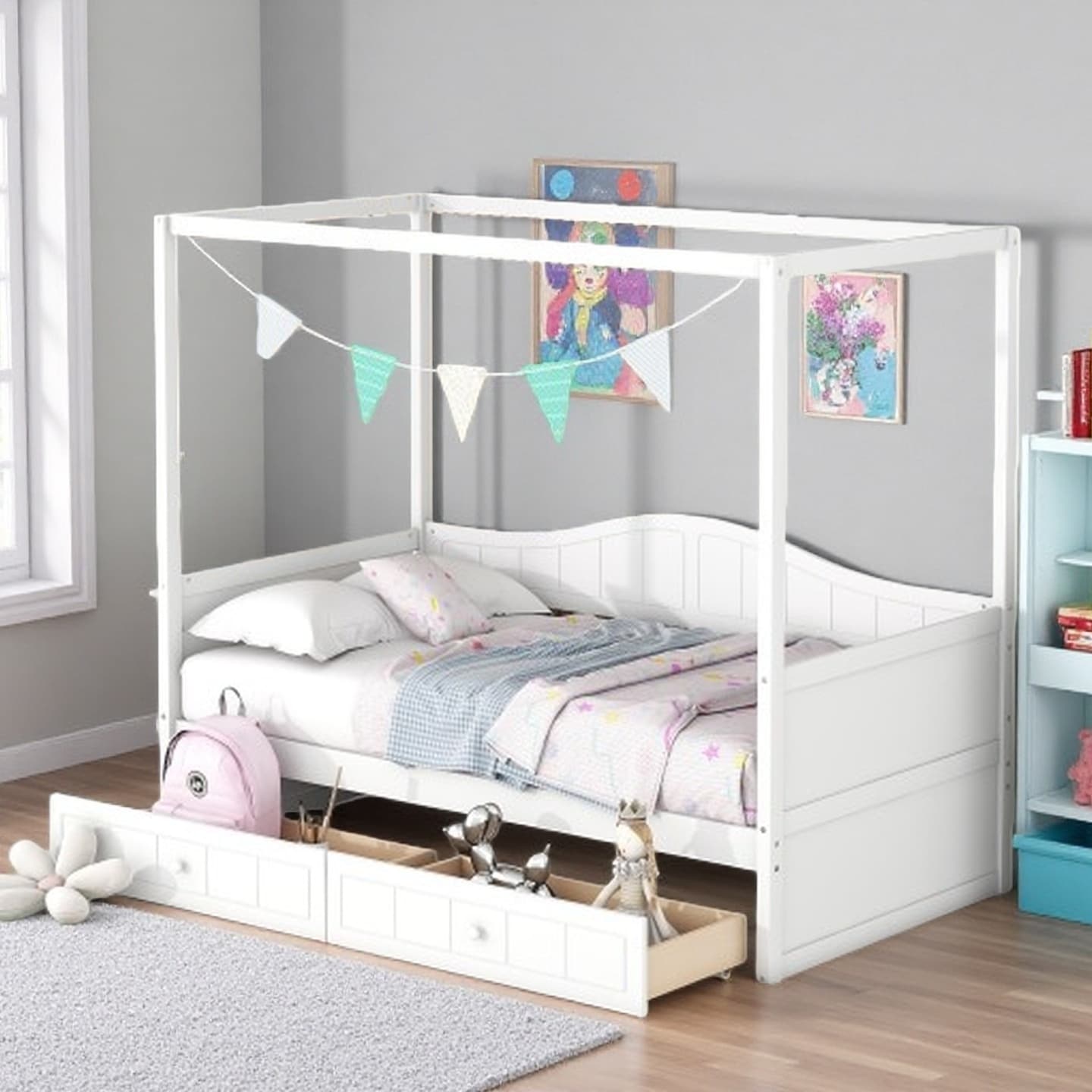 Twin Canopy Daybed with Under-Bed Drawers, Solid Wooden Frame, Modern Sleek Design for Bedroom Storage