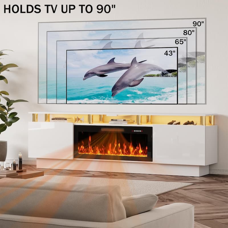 BOSSIN Modern 80" TV Stand with 36" Fireplace & LED Lights for TVs Up to 90", White with Golden Pillars, Storage Cabinets