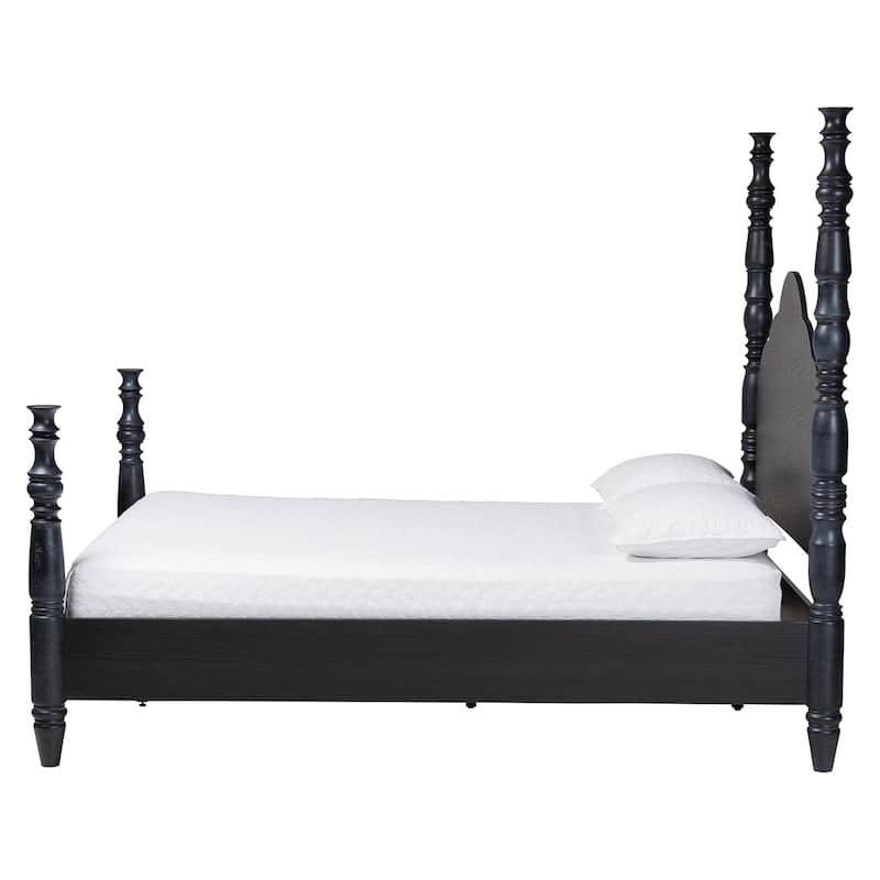 Baxton Studio Martino Four-Poster Platform Bed - Sculpted Post Bed Frame with Panel Headboard, Vintage Spindle Bed