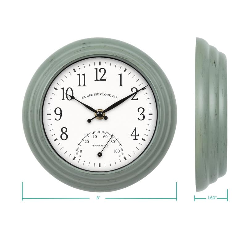 La Crosse Clock 8 In. Outdoor Sage Green Quartz Clock w/ Temp