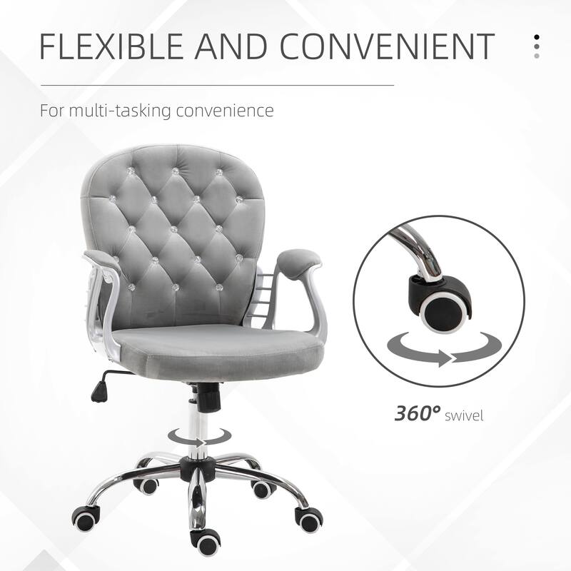 Modern Velvet Office Chair Button Tufted Desk Chair with Curved Backrest, 360° Swivel Seat and Wheels, for Home Office