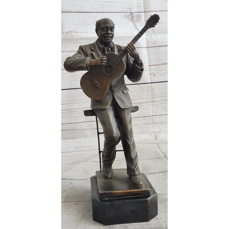 African American Black Folk Musician Playing Guitar Bronze Sculpture Statue Figure Art