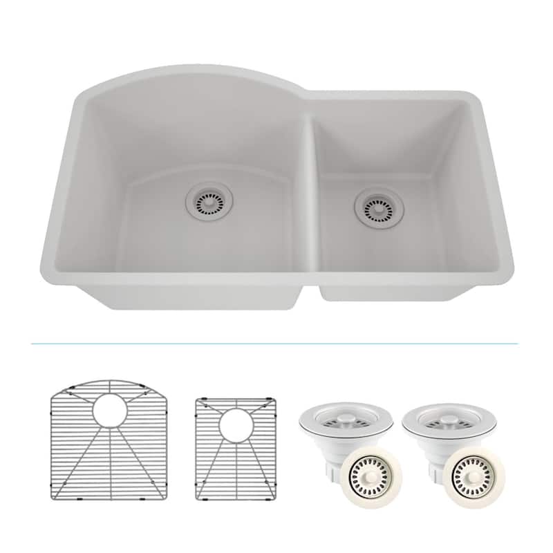 Lexicon Platinum Quartz 32 Inch 70/30 Double Bowl Kitchen Sink with Bottom Grids and Strainers and Disposal Flange - Galaxy White