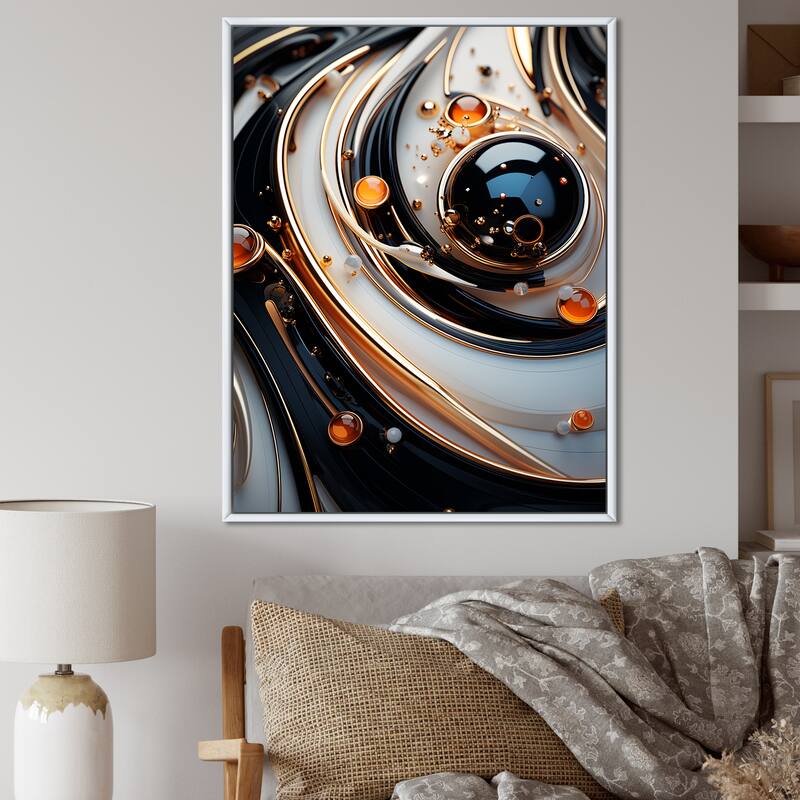 Designart "Liquid Art Gold Black And White Spheres I" Abstract Shapes Framed Wall Art Prints - 16 in. wide x 32 in. high - White