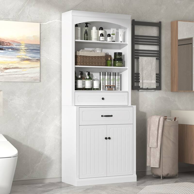 GDFStudio - Tall Bathroom Wooden Storage Cabinet, Adjustable Shelf & Open Shelves - Set of 1 - White