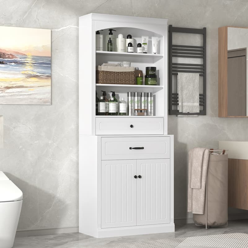 Roomfitters Bathroom Storage Cabinet with 2 Doors Drawers Adjustable Shelf and 3 Open Compartments MDF Construction