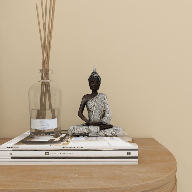 Black Polystone Meditating Buddha Decorative Sculpture with Engraved Carvings and Relief Detailing - 6 x 4 x 8