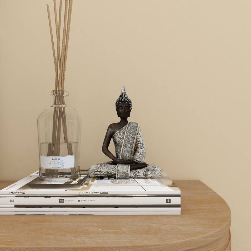 Silver Polystone Meditating Buddha Decorative Sculpture with Engraved Carvings and Relief Detailing