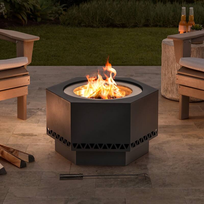 Sunjoy Smokeless Fire Pit, 28 In. Hexagonal Outdoor Fire Pit with PVC Cover and Fire Poker - 28in.