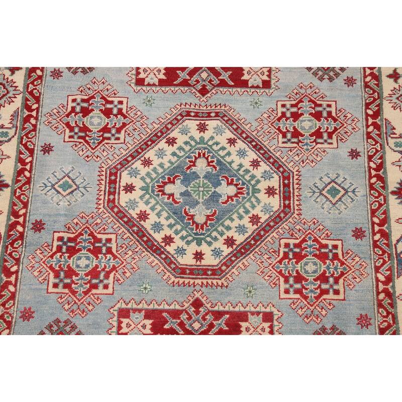 Light Blue Geometric Kazak Area Bedroom Rug Hand-Knotted Wool Carpet - 5'0" x 7'3"