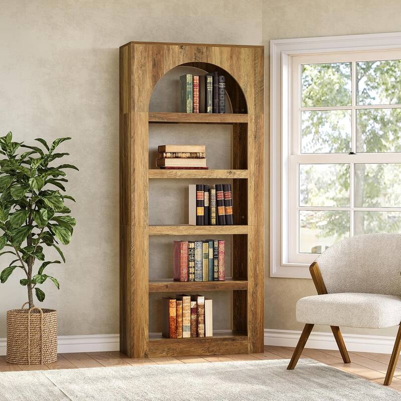 5-Tier Arched Bookshelf, 70.8 Inches Modern Wooden Bookcase with Storage - 31.5" W x 11.8" D x 70.8" H