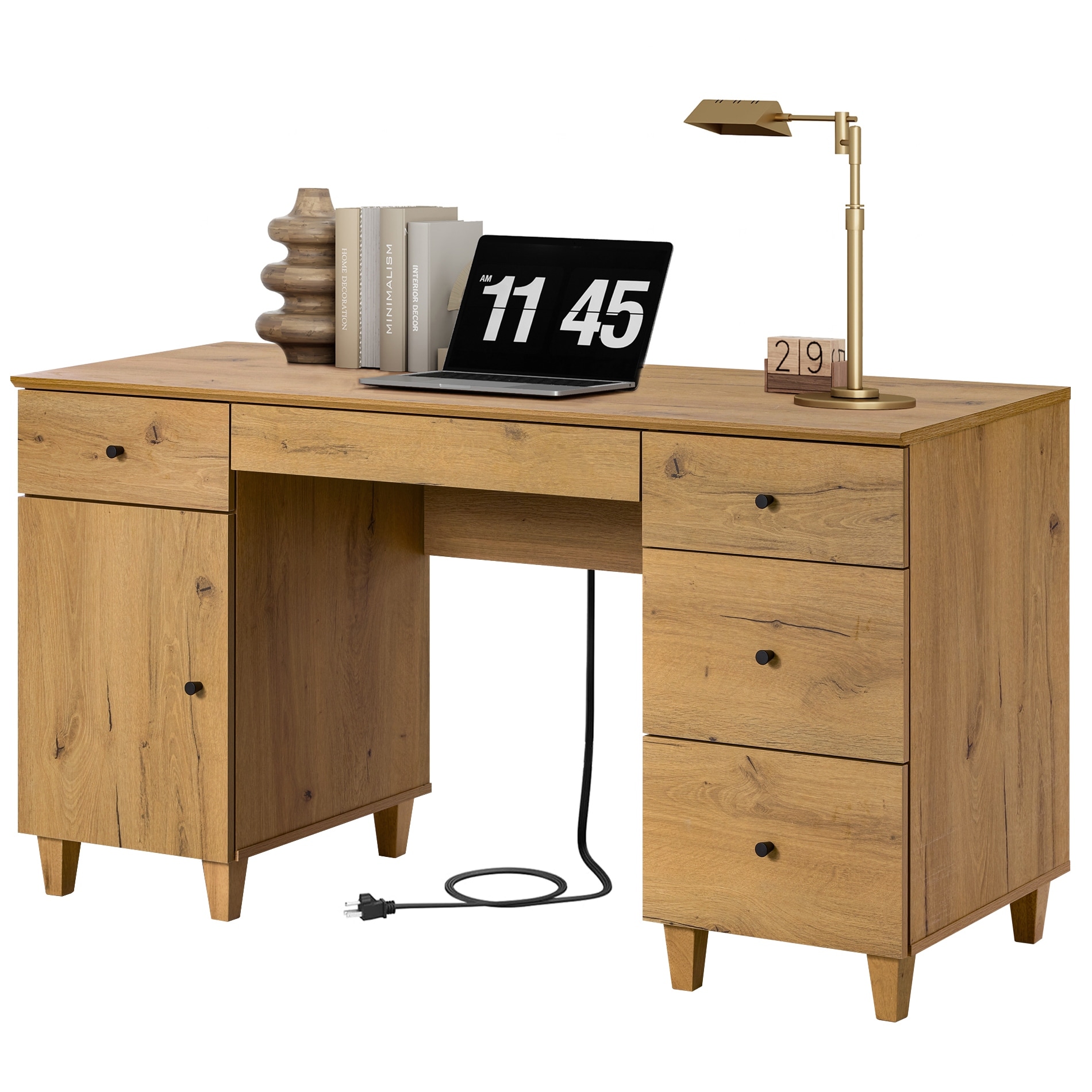 58" Executive Desk with 5 Drawers&Charging Station for Home Office