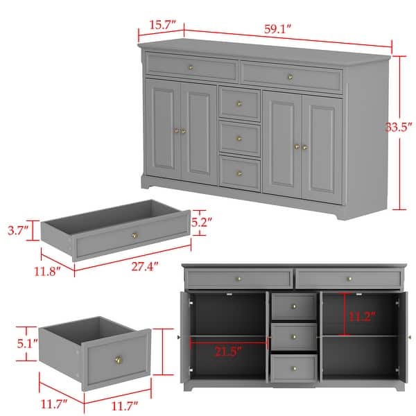 dimension image slide 2 of 3, 59.1''Sideboard Buffet White Mid-Century Modern Contemporary Lacquered Credenza with Drawers and Doors