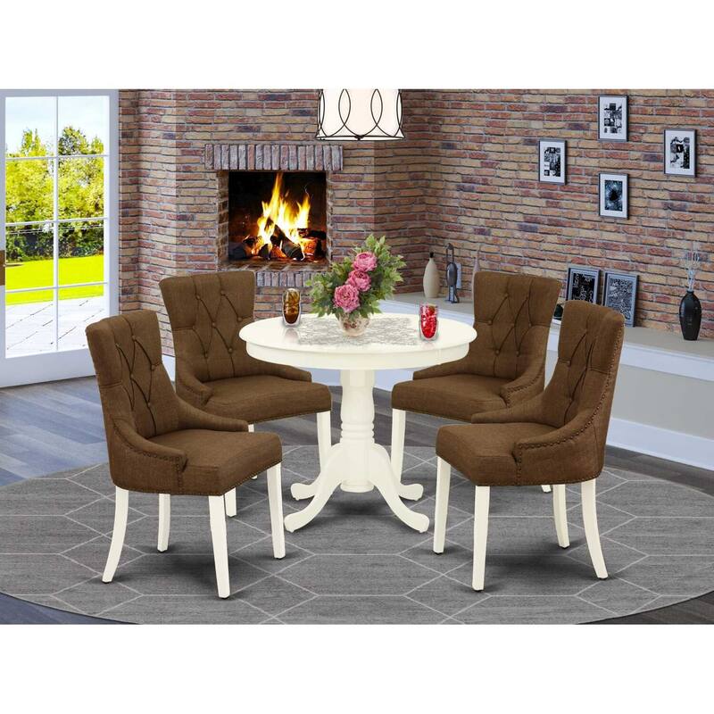 HomeStock 5-Piece Round Linen White Finish Solid Wood Top Dining Table with 4 Parson Chair with Lattice Back