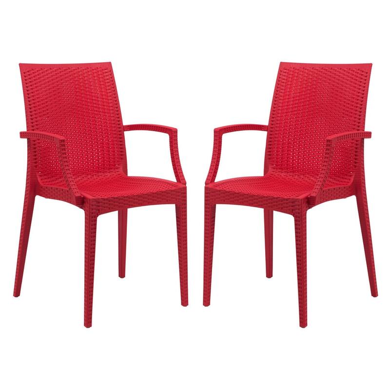 Mace Modern Woven Dining Chair with UV Protection, Armrests, Stackable Design for Indoor & Outdoor Use (Set of 4) - Red