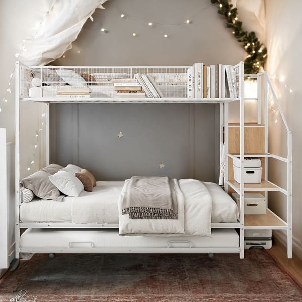 slide 2 of 16, Versatile Design Twin over Full Metal Bunk Bed with Trundle and Lateral Storage Practical Step Ladder and Built-in Wardrobe