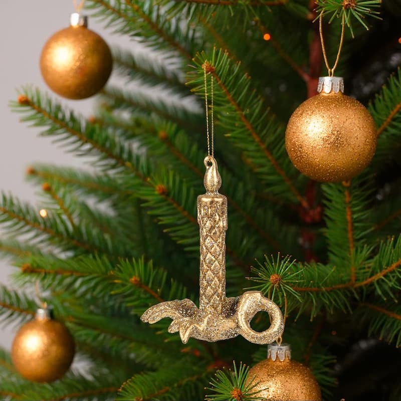 Glitter Drenched Candlestick Christmas Ornaments - 4" - Gold - Set of 4