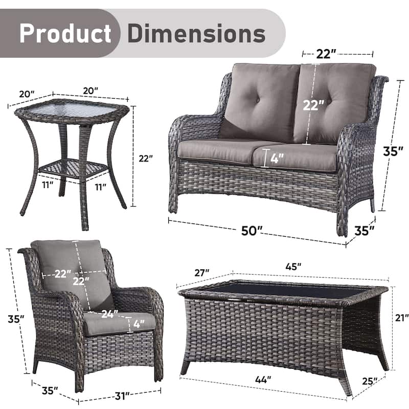 Pocassy 5 Pieces Outdoor Patio 2-Seat Sofa Chairs with Coffee Table