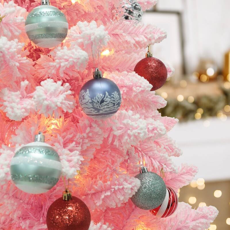 VEIKOUS Pre-Lit Artificial Christmas Tree Pencil Snow with Foldable Iron Stand with LED lights, 5.5/6.5/7.5 ft
