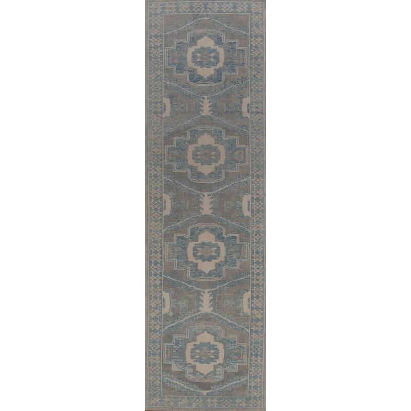 Hand Knotted Oriental 100% Wool Carpet Transitional Geometric Greys & Charcoal Oushak Runner Rug - 13' 10'' X 3' 1''