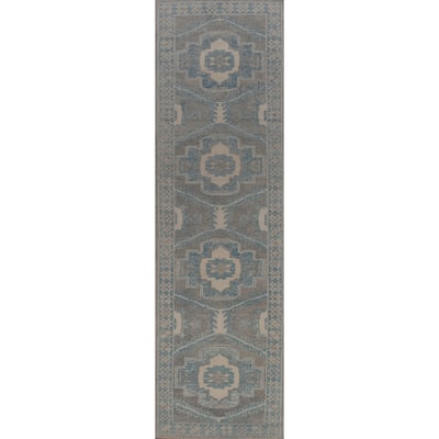 Hand Knotted Oriental 100% Wool Carpet Transitional Geometric Greys & Charcoal Oushak Runner Rug - 13' 10'' X 3' 1''