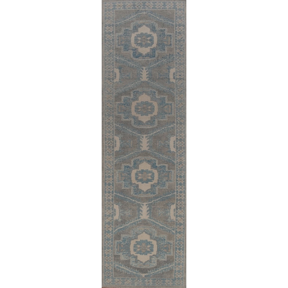 Hand Knotted Oriental 100% Wool Carpet Transitional Geometric Greys & Charcoal Oushak Runner Rug - 13' 10'' X 3' 1''