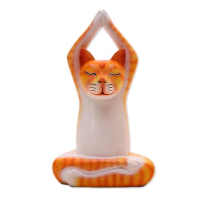 Novica Handmade Toward The Sky Orange Yoga Cat Wood Sculpture