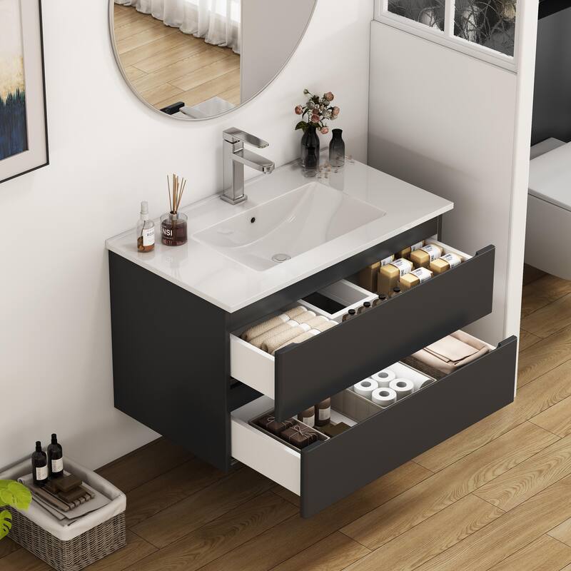 32 Inch Floating Bathroom Vanity with One-piece Ceramic Sink, Wall Mounted Cabinet with 2 Drawers - Black Brown - 32 Inch