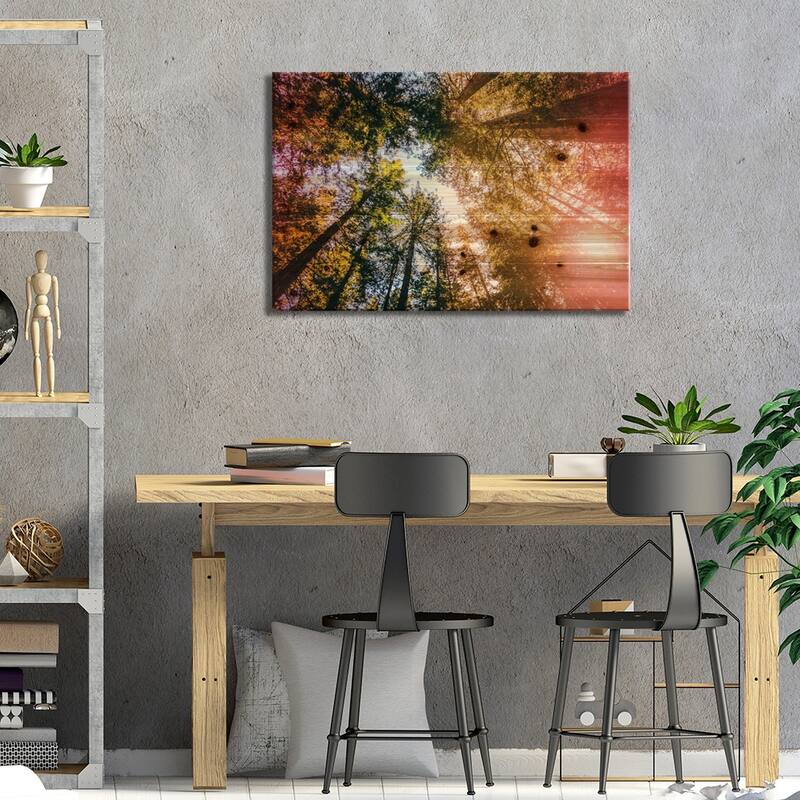 California Redwoods, Sun-rays, and Sky Print On Wood by Elena Kulikova - Multi-Color
