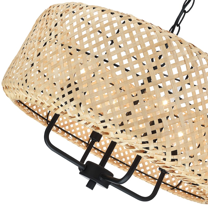 4-Light Bohemian Bamboo Drum Chandelier - Black/Wheat - 19.7 in. W
