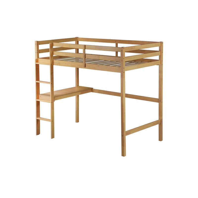 Twin Size High Loft Bed with Desk Underneath, Rubberwood Frame, Safety Guardrail and Ladder for Teens, Kids, Dorm or Bedroom
