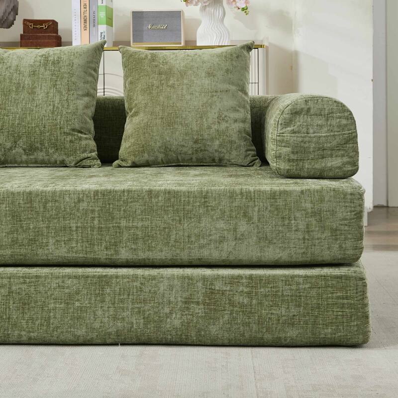 Chenille Folding Sofa Floor Sleeper Bed Chaise Lounger Couch 3-in-1 Comfy Mattress with Reversible Arm Pillows and Non-slip Pad